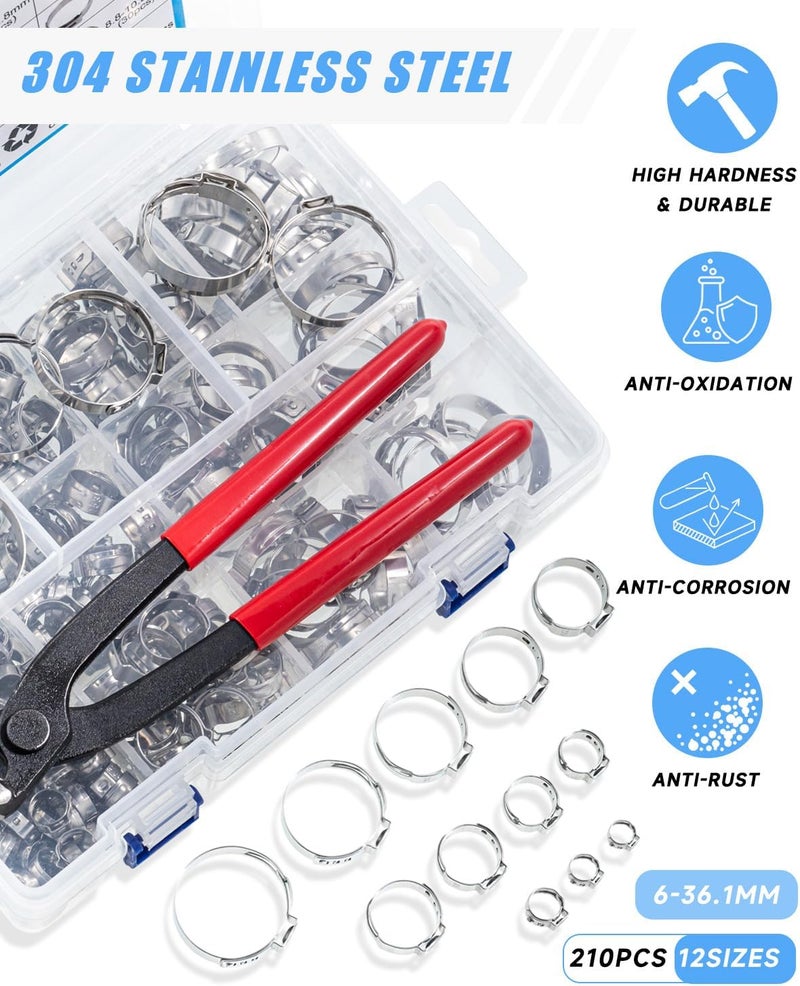 PEROMI 210PCS 304 Stainless Steel Single Ear Hose Clamp Assortment Kit - 12 Sizes (6-36.1mm) Stepless Adjustable Cinch Clamps with Pincer Tool for Automotive, Plumbing, Garden & Industrial Use - Image 3